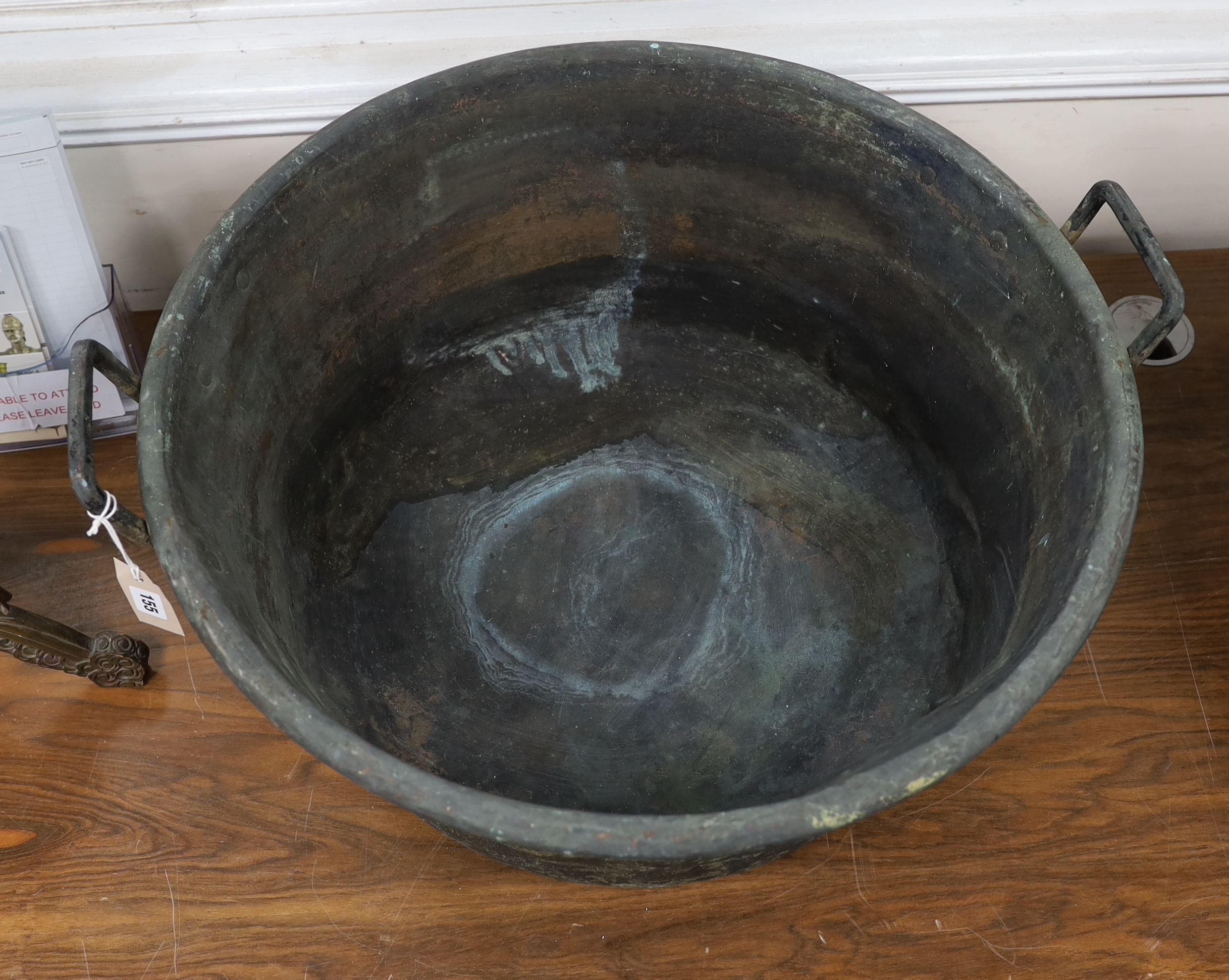 A Victorian circular two handled copper pan, diameter 66cm, height 33cm